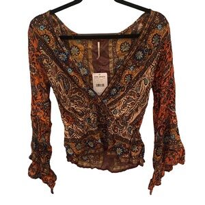 Free People Orange and Blue Paisley Blouse